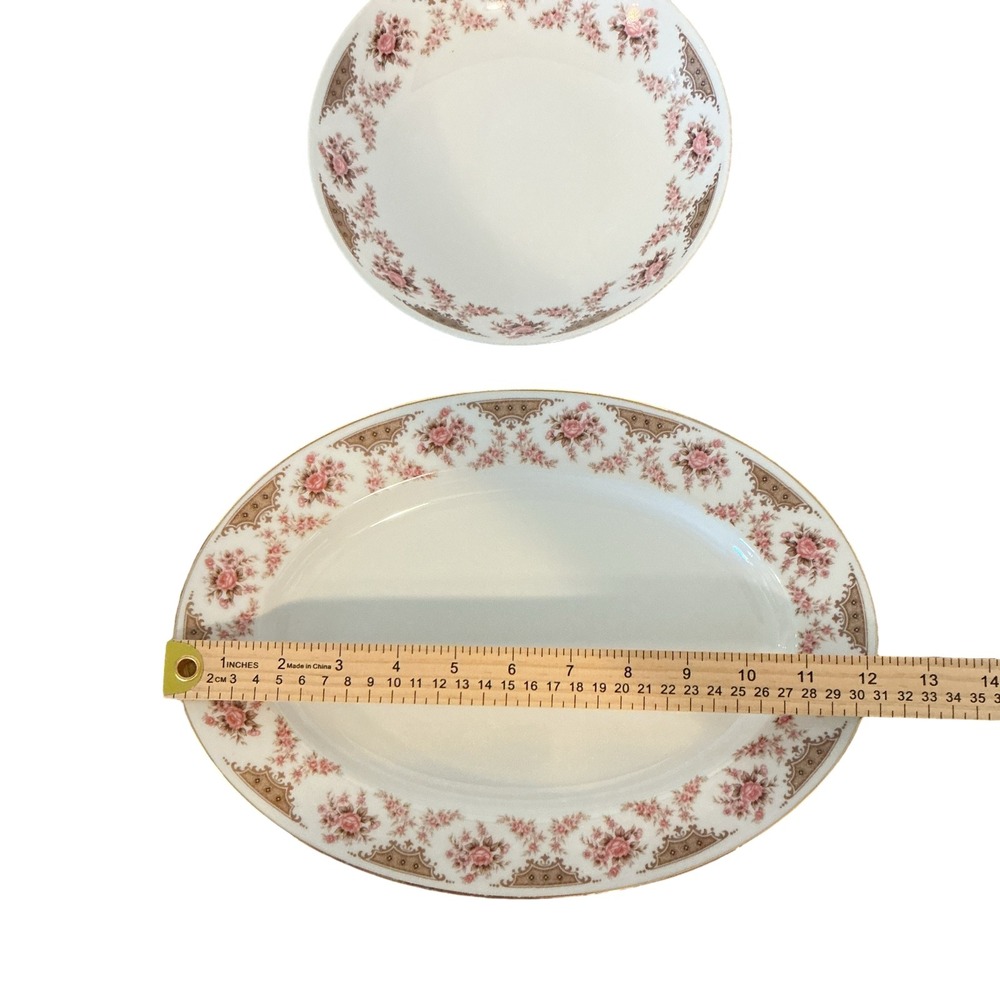 Arlen Fine China Claridge 5002 Oval Platter and Round Bowl Set Pink Rose Japan - Picture 5 of 7